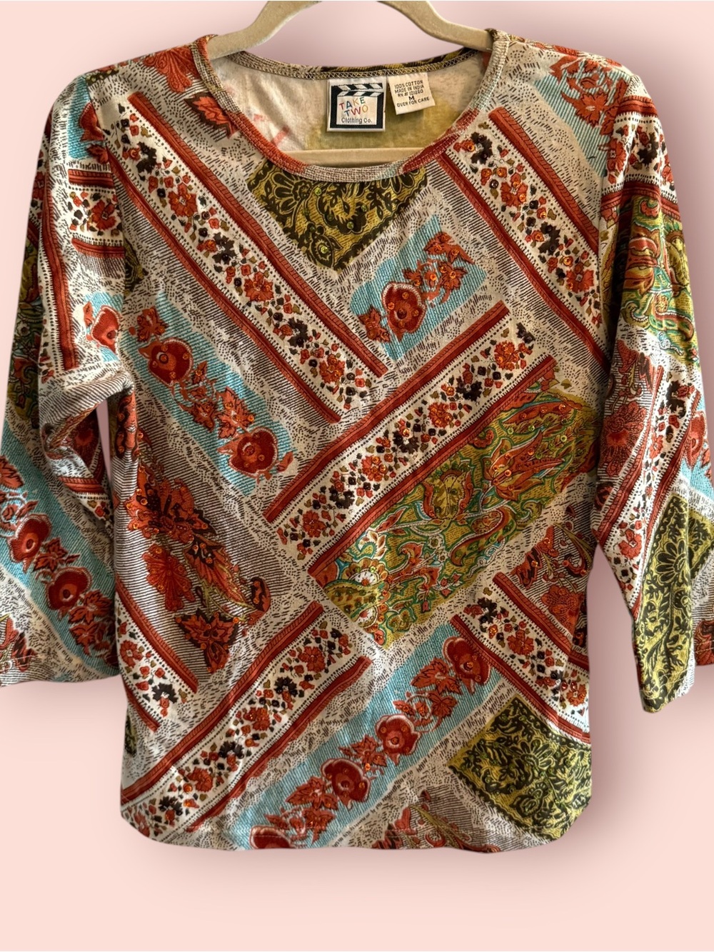 Vintage Take Two Patchwork Paisley Sequin Top Medium 3/4 Sleeve Boho Y2K